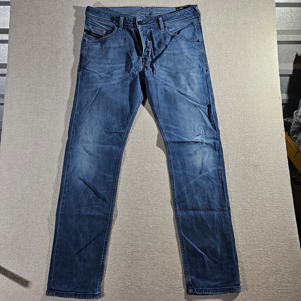 Diesel Belther Jeans Mens 34x32 Blue Tapered Stretch Button Fly Distressed
